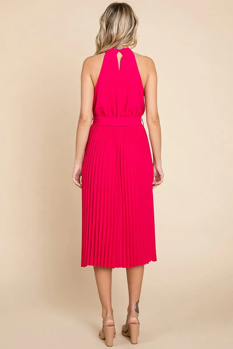 Pleated Self Tie Waist Halter Cocktail Dress, S-3X