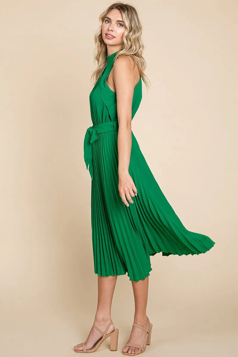 Pleated Self Tie Waist Halter Cocktail Dress, S-3X