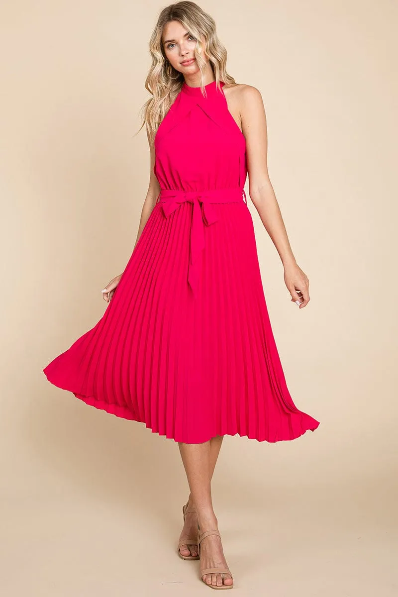 Pleated Self Tie Waist Halter Cocktail Dress, S-3X