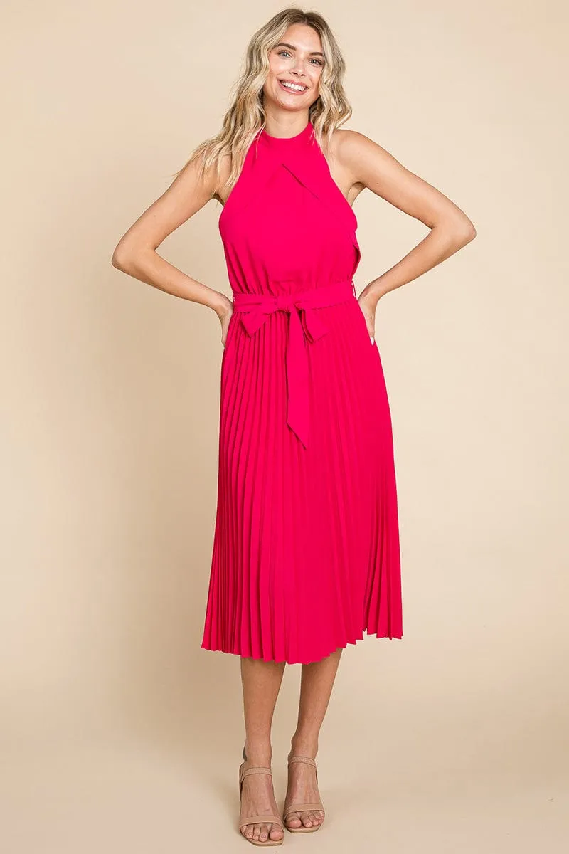 Pleated Self Tie Waist Halter Cocktail Dress, S-3X