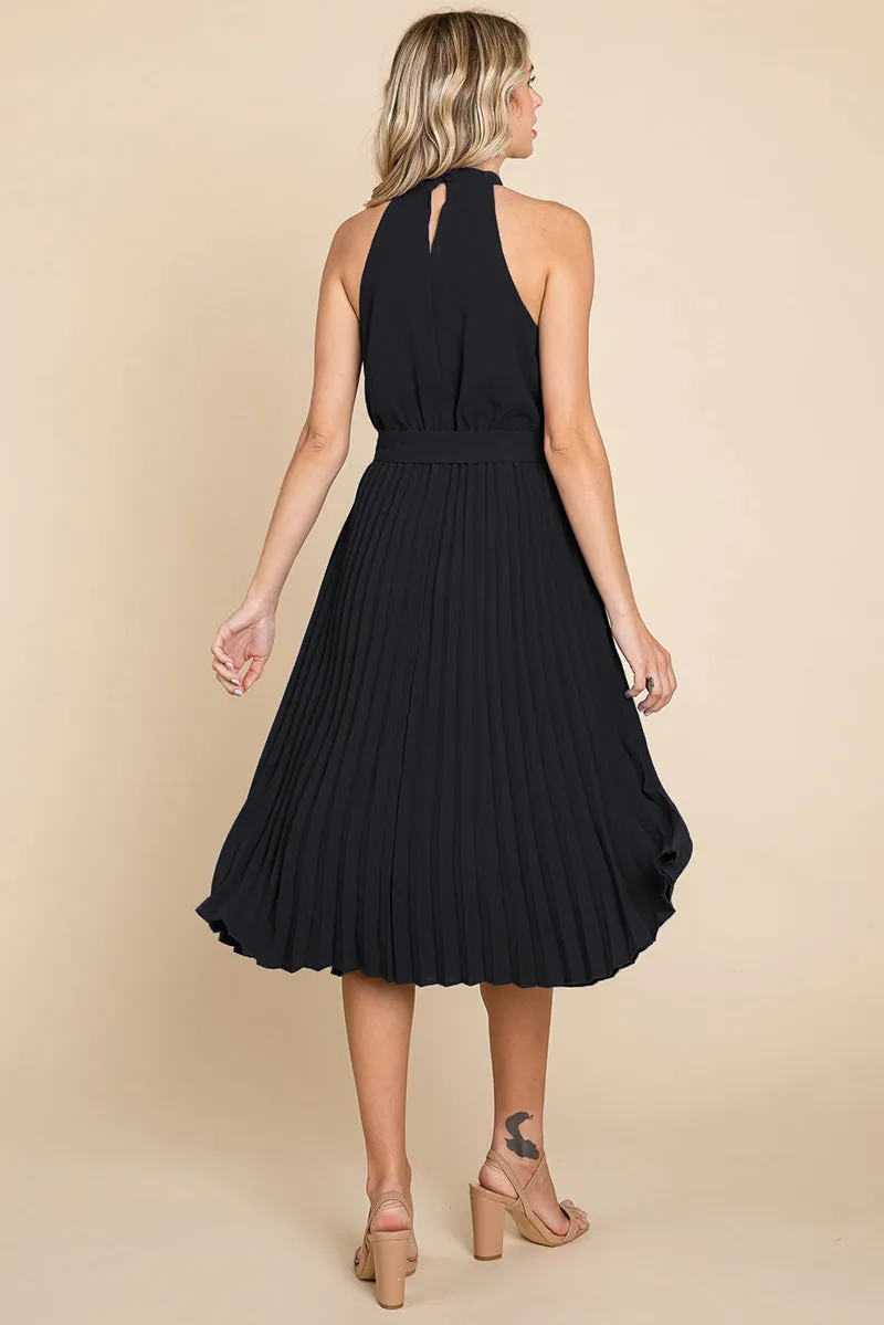 Pleated Self Tie Waist Halter Cocktail Dress, S-3X