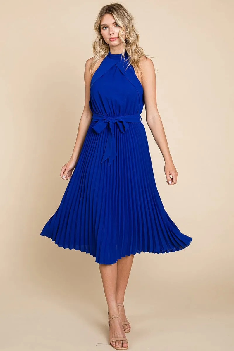 Pleated Self Tie Waist Halter Cocktail Dress, S-3X