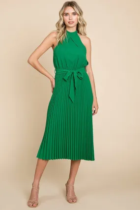 Pleated Self Tie Waist Halter Cocktail Dress, S-3X