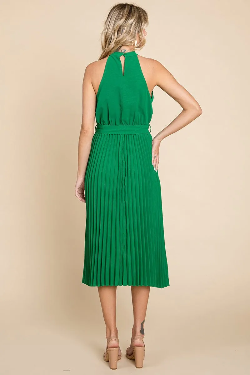 Pleated Self Tie Waist Halter Cocktail Dress, S-3X