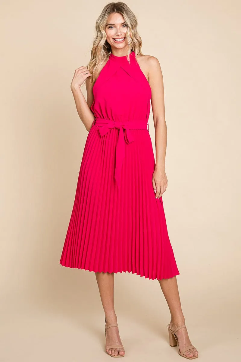 Pleated Self Tie Waist Halter Cocktail Dress, S-3X