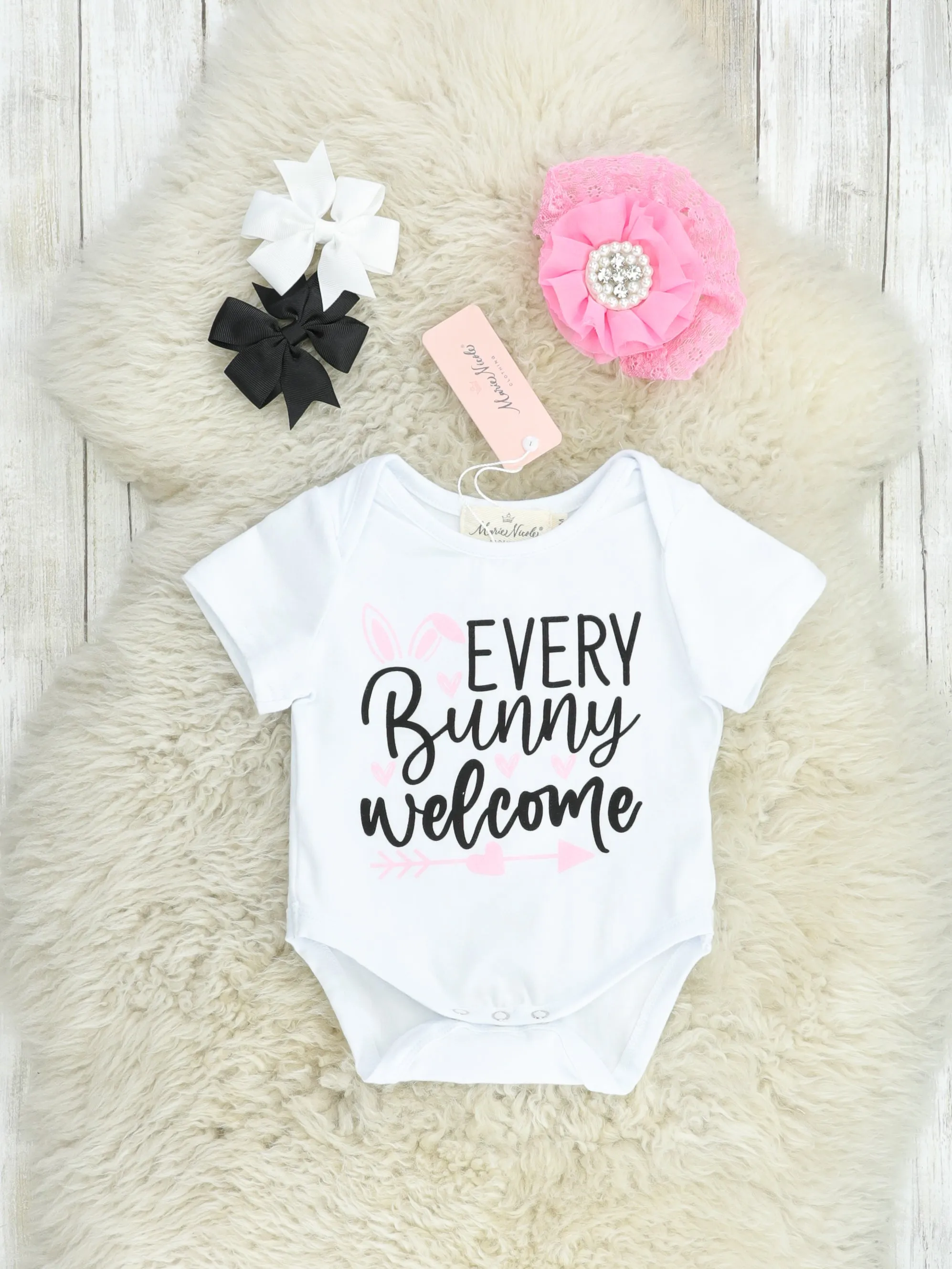 "Every Bunny Welcome" Onesie & Overall Bloomers Set