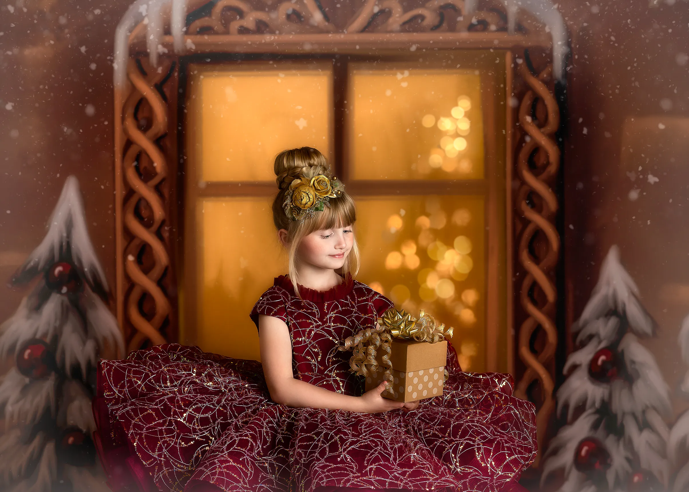 "Winnie" burgundy and champagne Petal Length Dress ( 5 Year - Petite 6 Year)