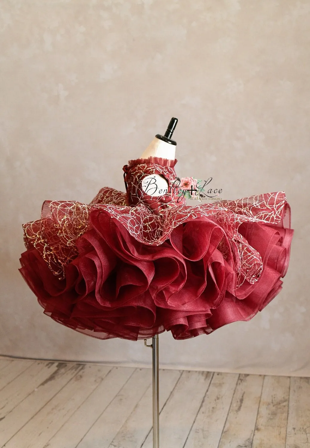 "Winnie" burgundy and champagne Petal Length Dress ( 5 Year - Petite 6 Year)