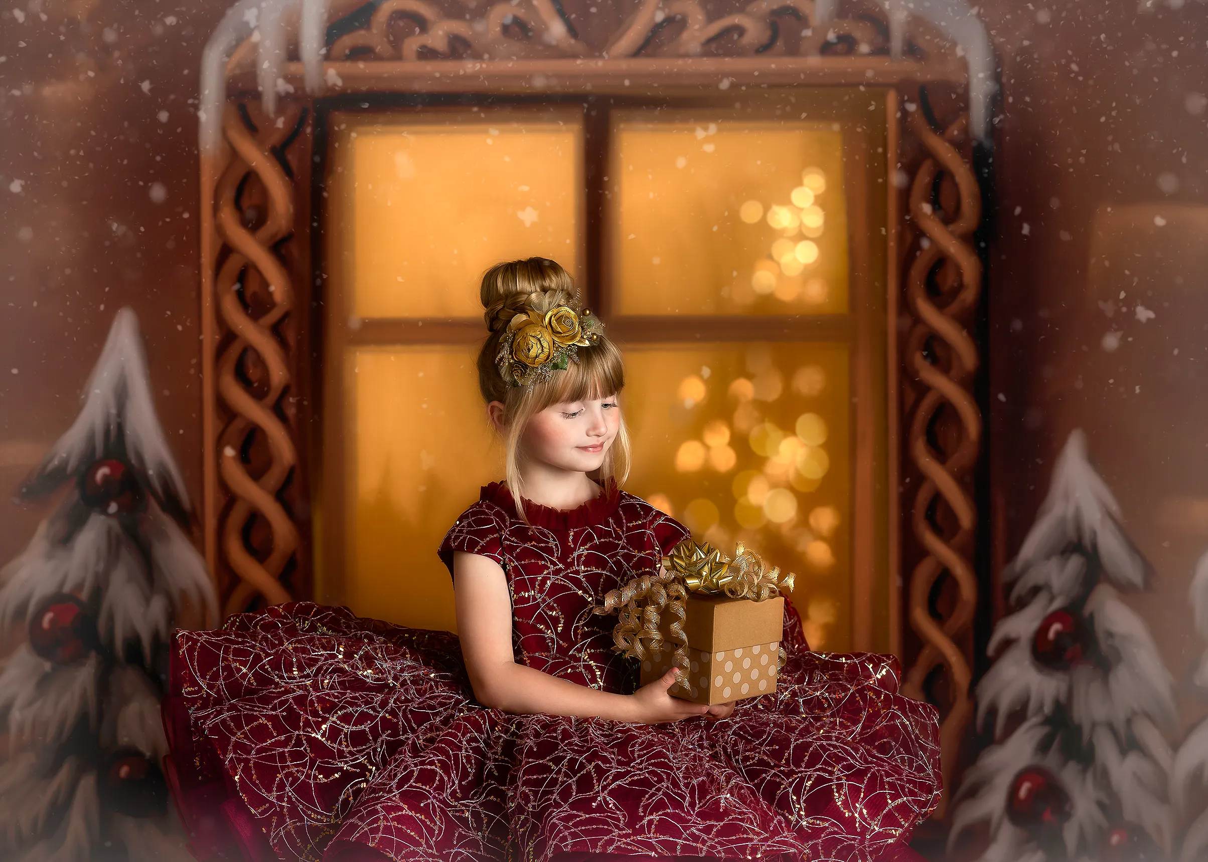 "Winnie" burgundy and champagne Petal Length Dress ( 5 Year - Petite 6 Year)