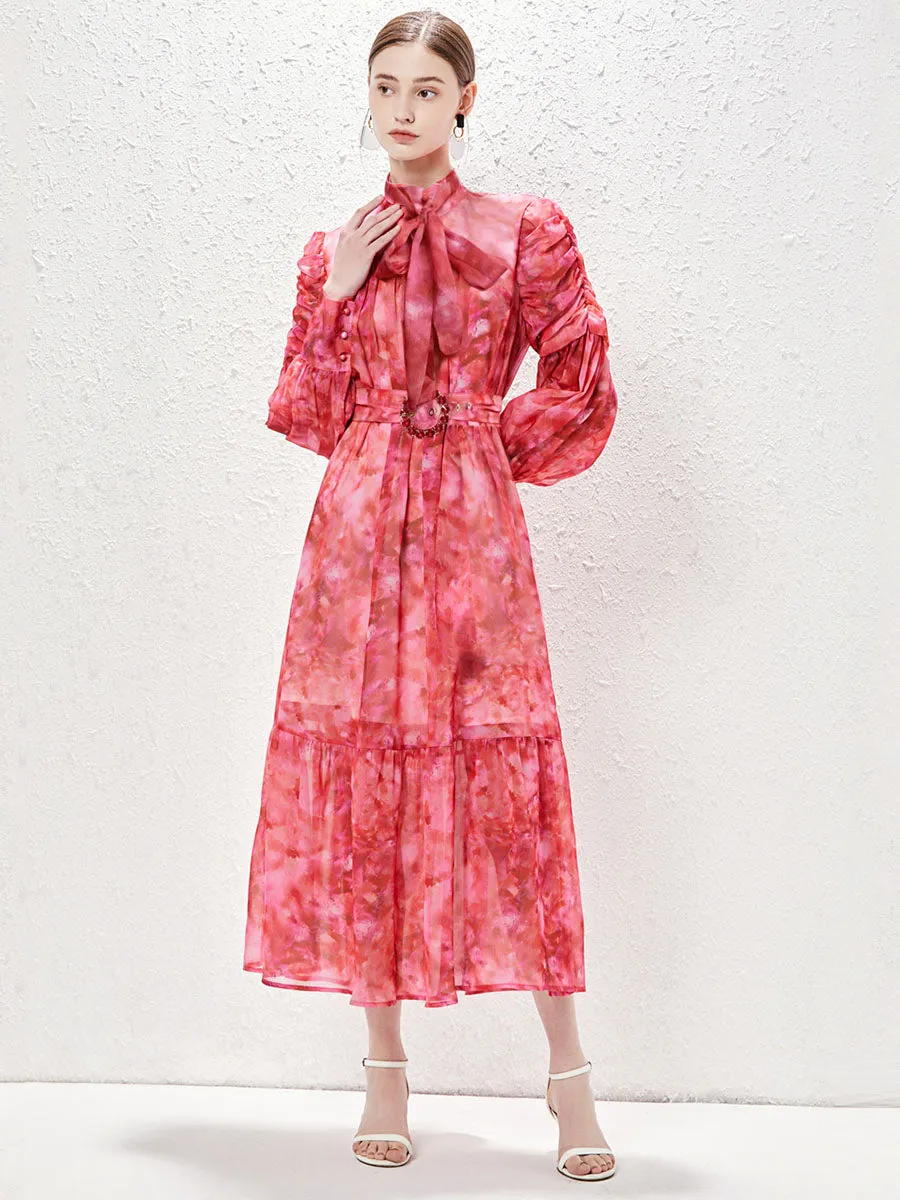 Red Bowknot Collar Long Sleeves Pocketed Pleated Boho Dress with Belt