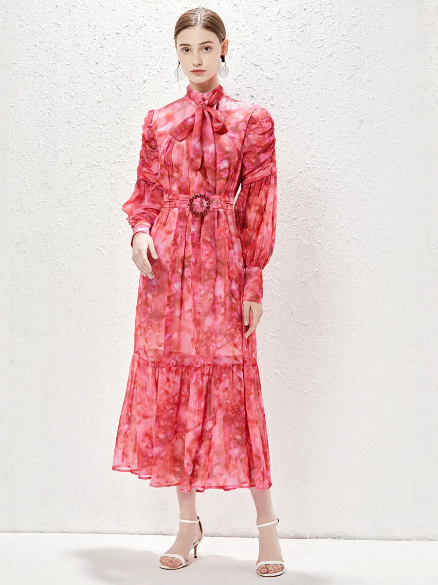 Red Bowknot Collar Long Sleeves Pocketed Pleated Boho Dress with Belt