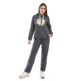 Red Cotton Women's Winter Pajama Set - Gray