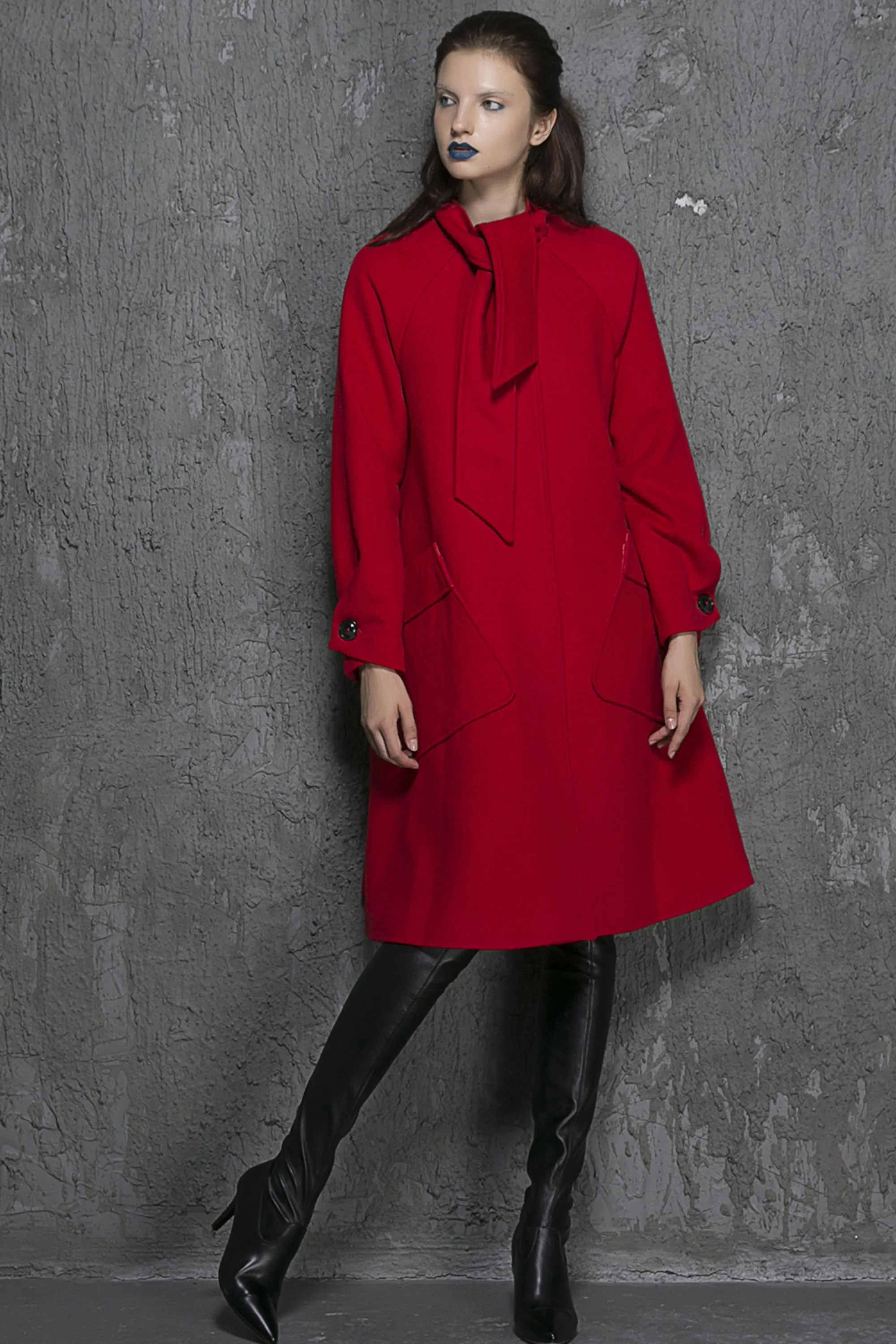 Red jacket winter wool coat long sleeve coat 1351#