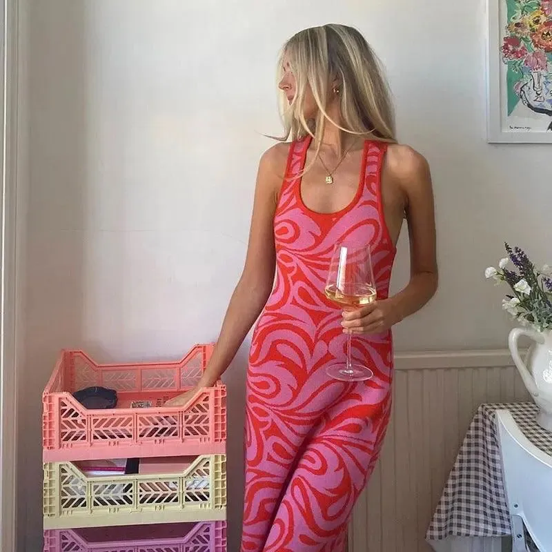 Red Swirl Print Sleeveless Maxi Dress