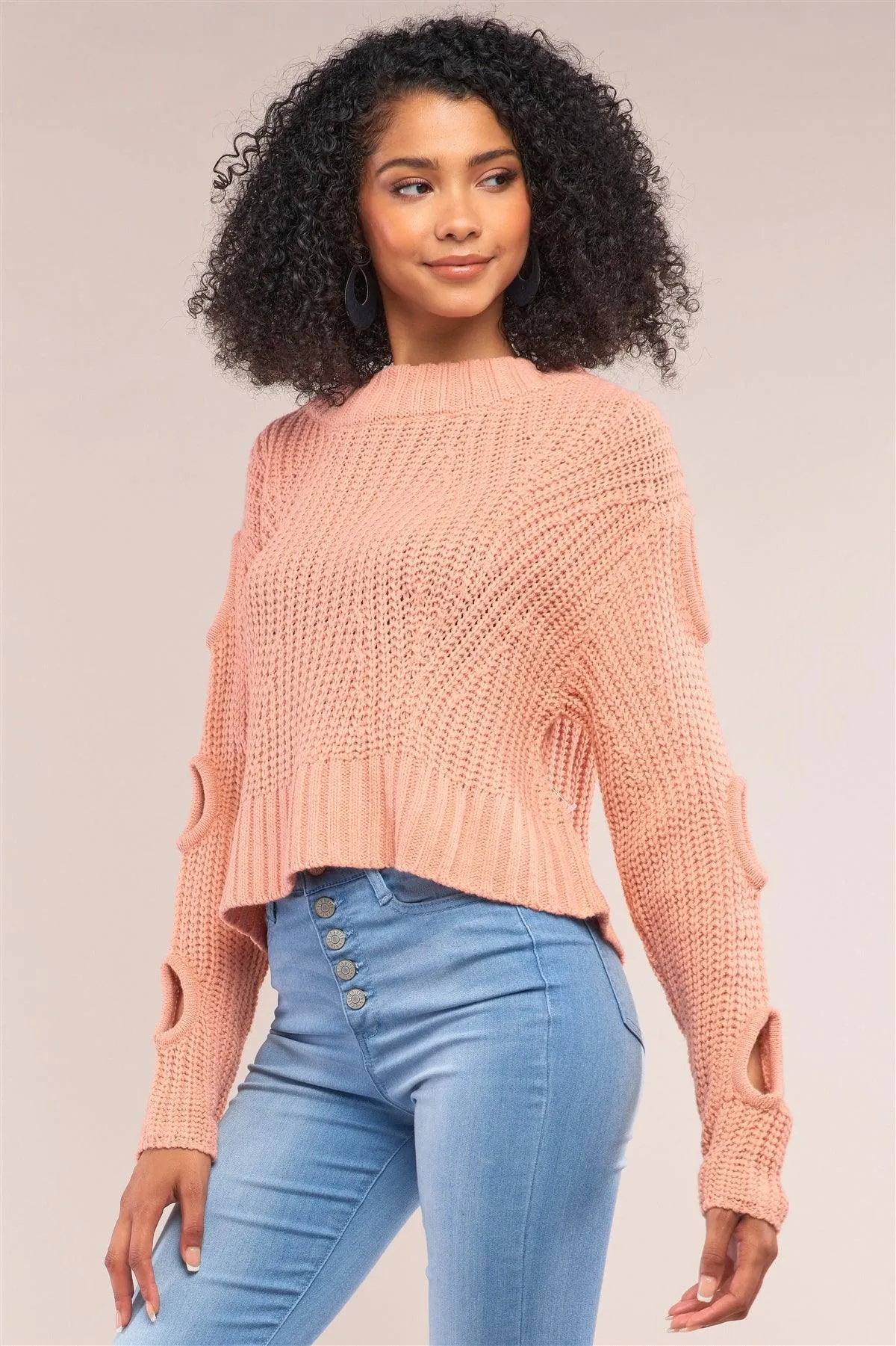 Salmon Round Neck Long Cut-Out Cable Knit Cropped Sweater