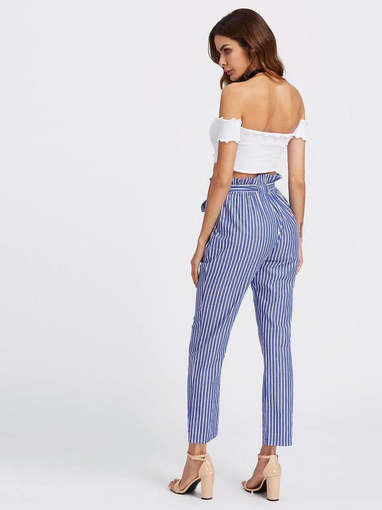 Self Tie Frill Waist Pinstripe Pants