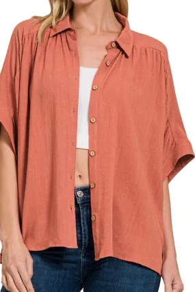 SHORT RUCHED SLEEVE LINEN BLEND COLLARED BUTTON DOWN TOP