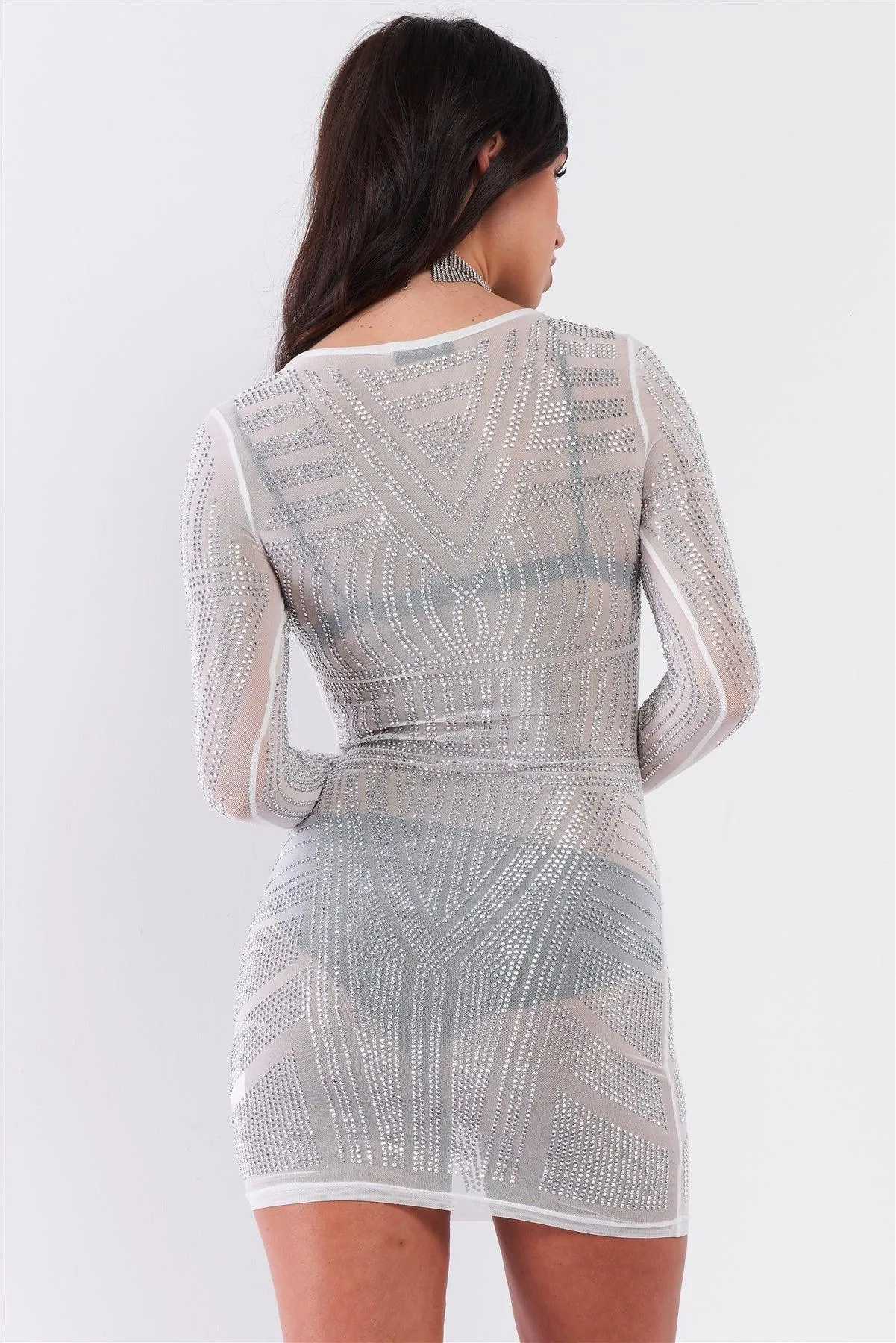 Silver Rhinestone Studded Sheer Mesh Long Sleeve Bodycon Dress /1-1-1-1