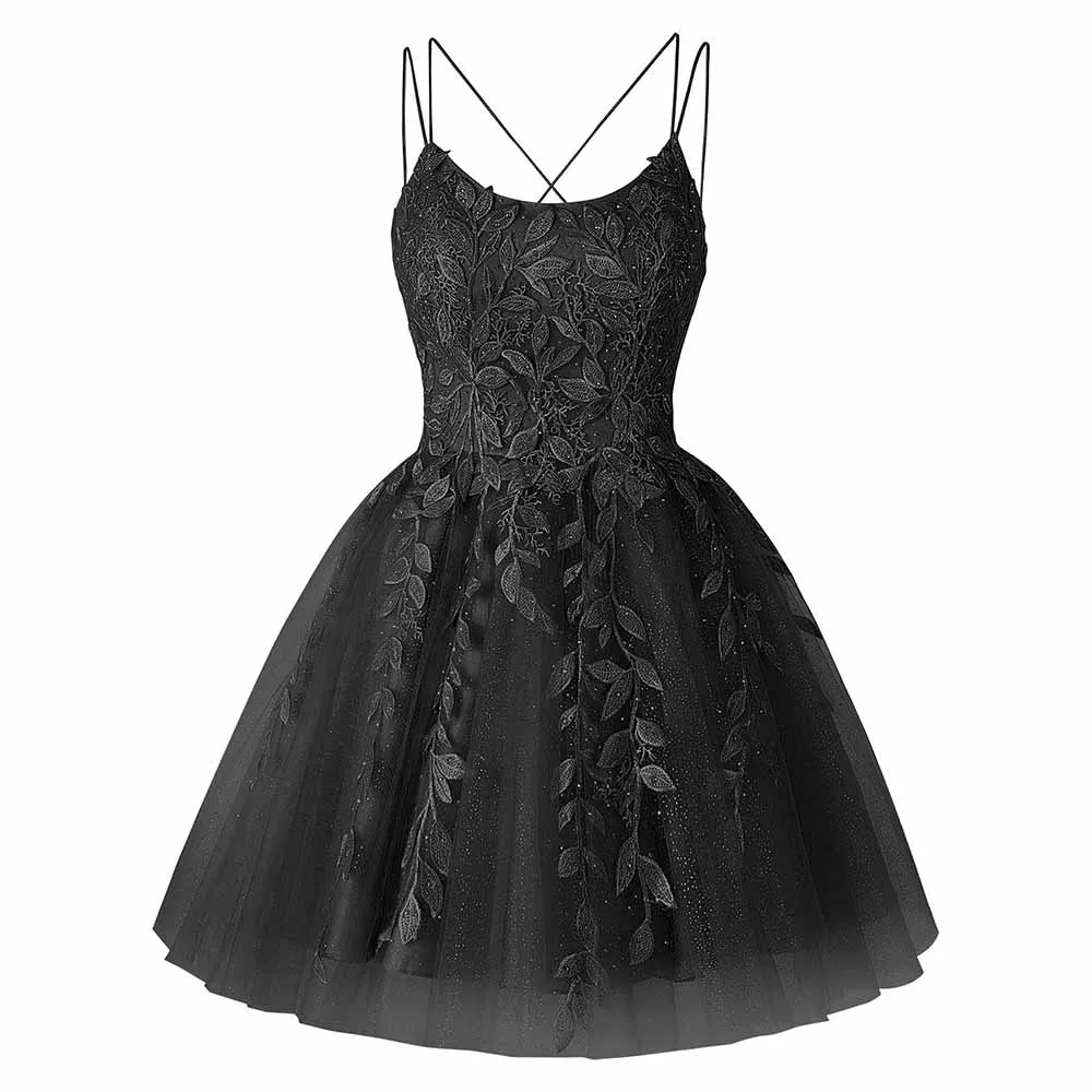 Spaghetti Straps Homecoming Dresses for Teens Lace Appliques Scoop Neck Prom Gowns