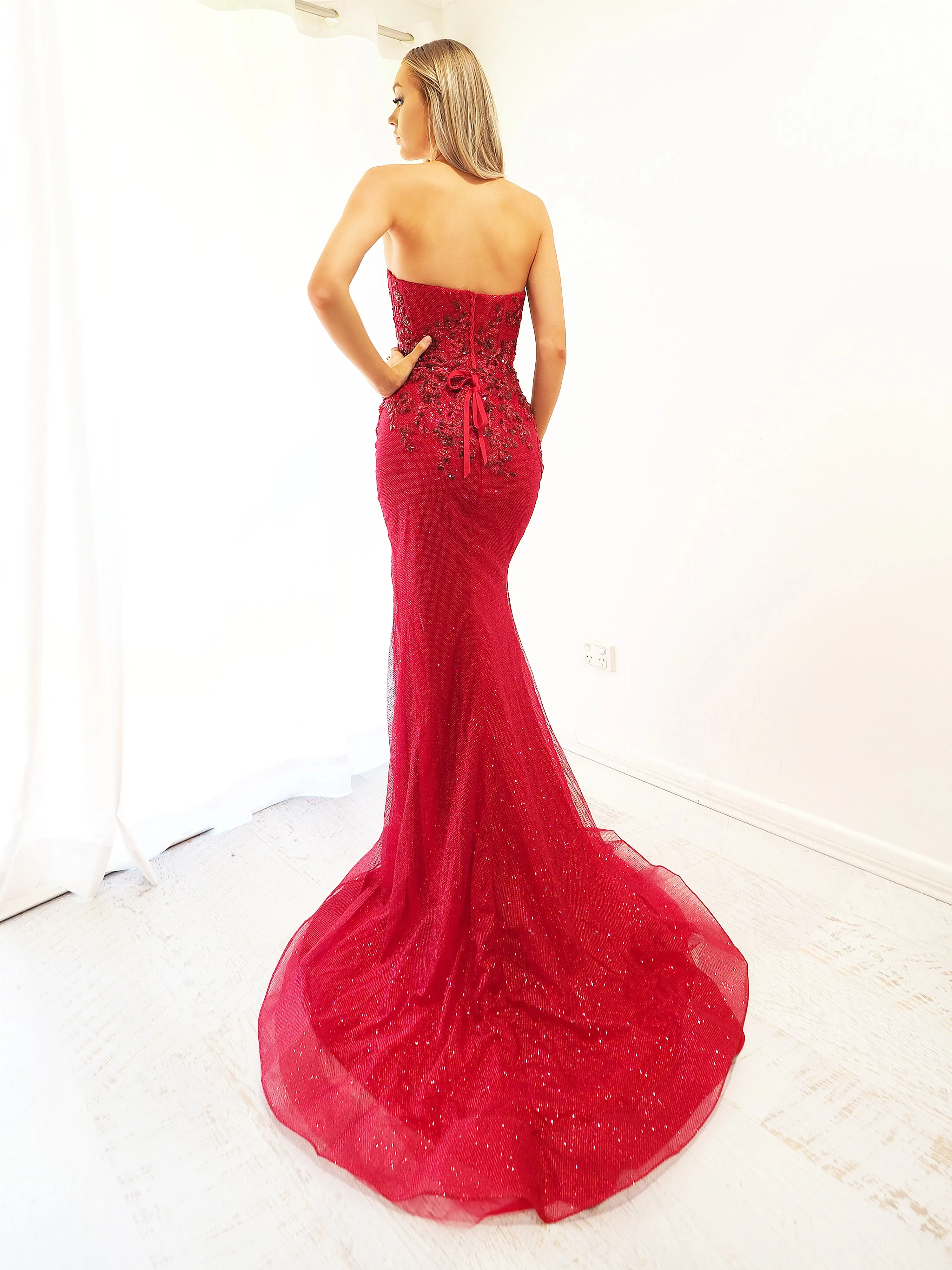 Sparkling dark red mermaid dress with bustier top for hire