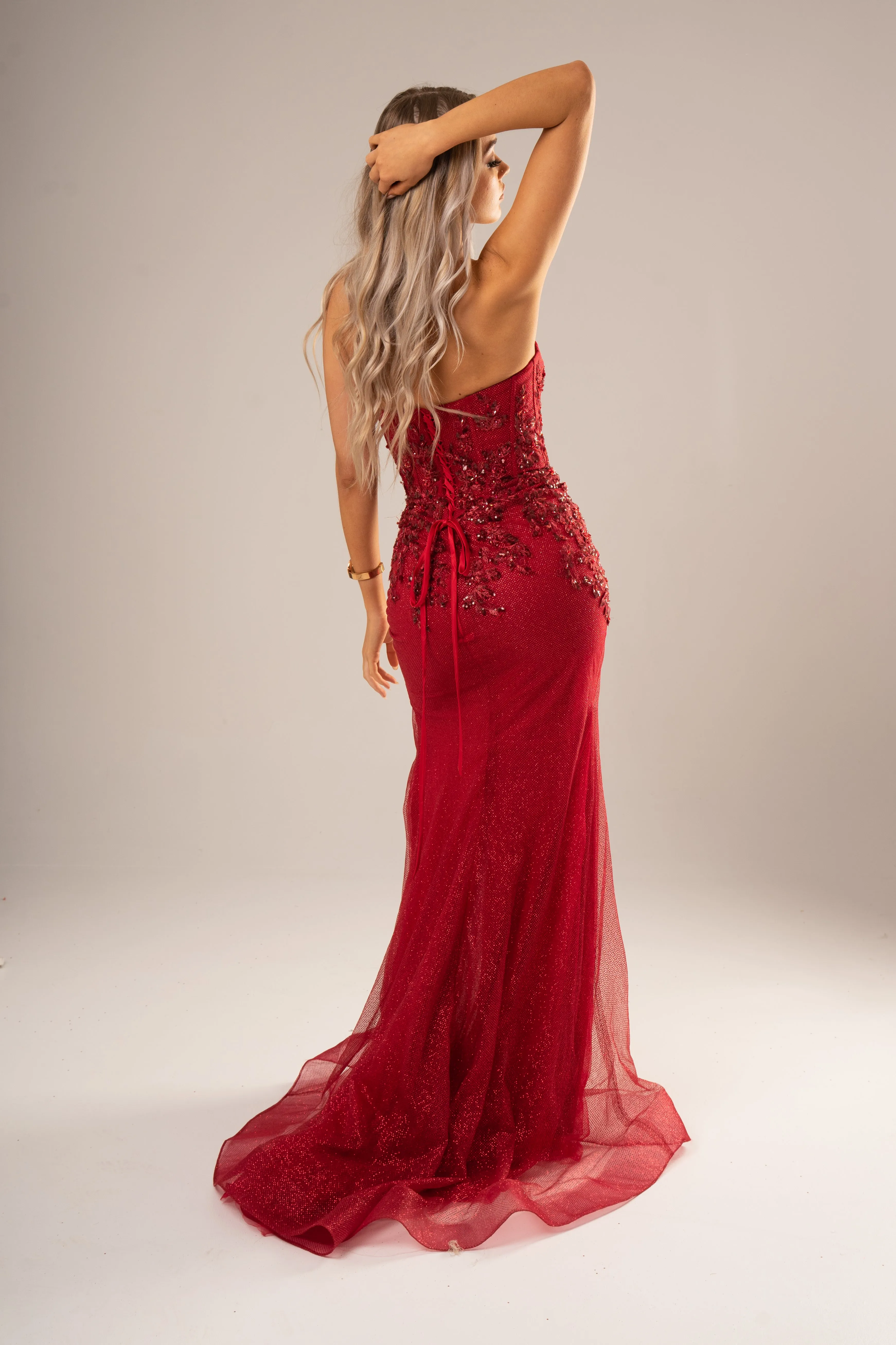 Sparkling dark red mermaid dress with bustier top for hire