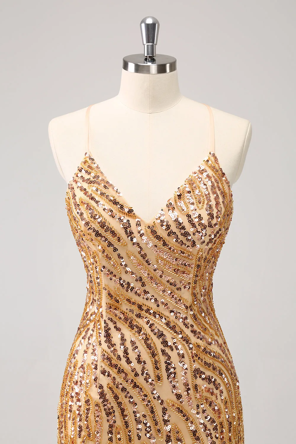 Sparkly Unique Gold Bodycon Spaghetti Straps Sequin Homecoming Dress with Tassel