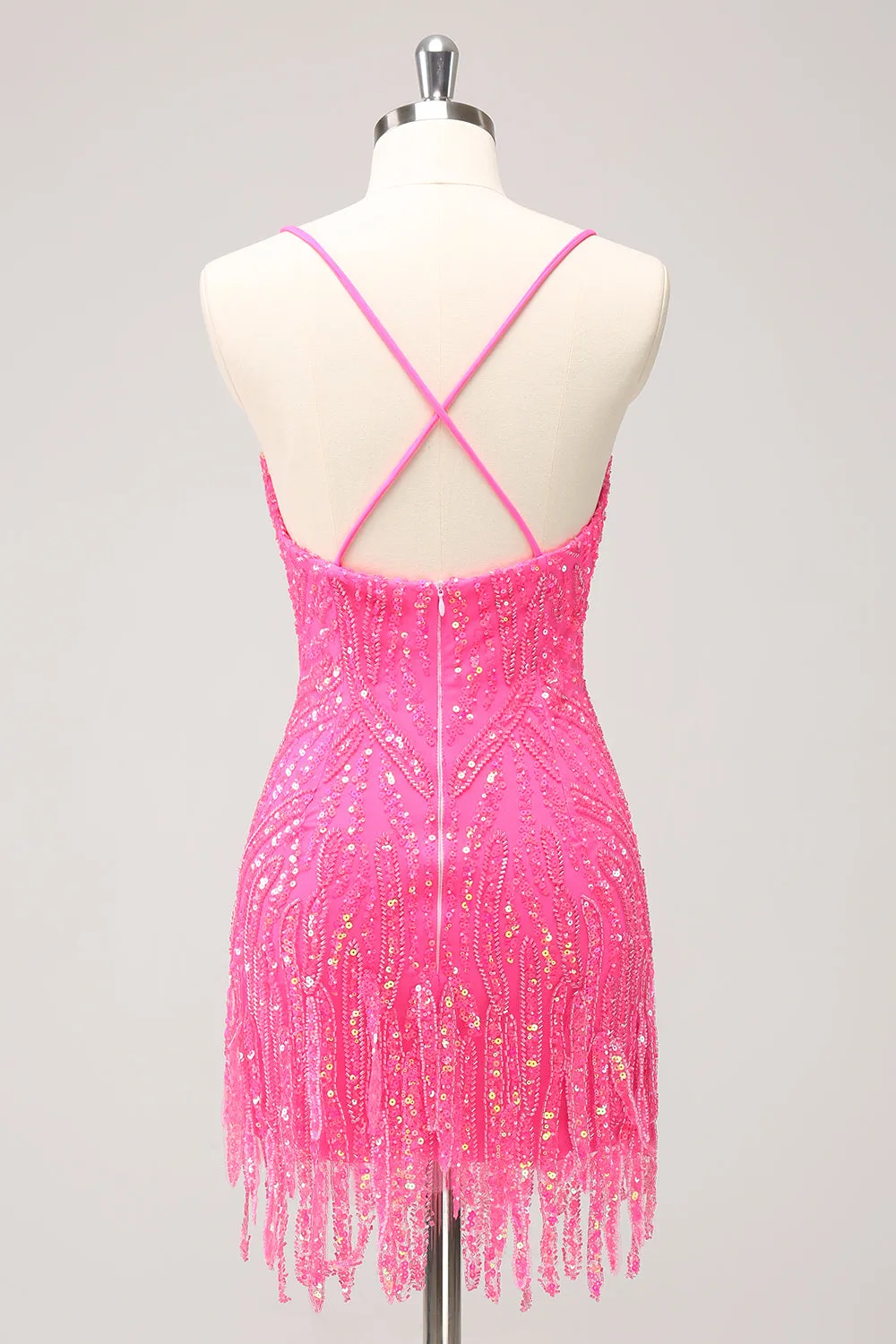 Sparkly Unique Gold Bodycon Spaghetti Straps Sequin Homecoming Dress with Tassel