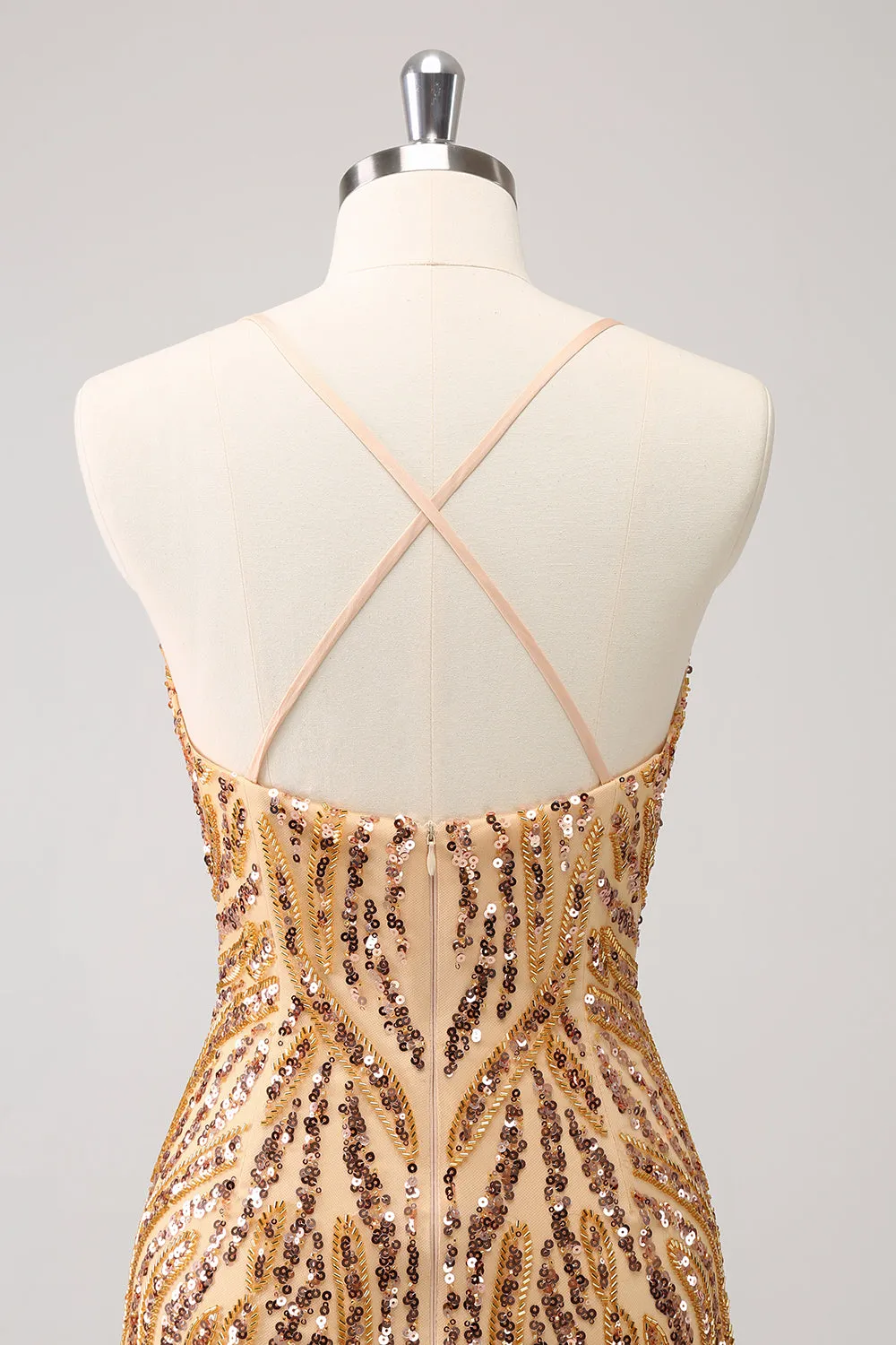 Sparkly Unique Gold Bodycon Spaghetti Straps Sequin Homecoming Dress with Tassel