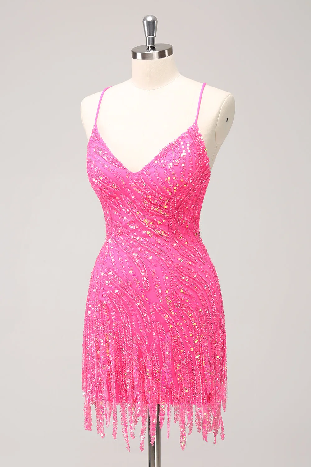 Sparkly Unique Gold Bodycon Spaghetti Straps Sequin Homecoming Dress with Tassel