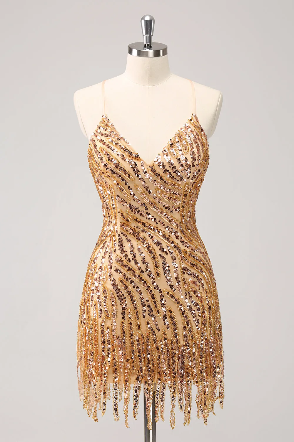 Sparkly Unique Gold Bodycon Spaghetti Straps Sequin Homecoming Dress with Tassel