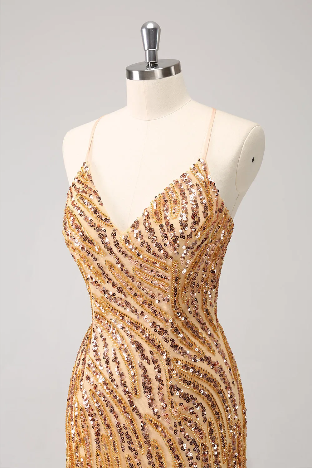 Sparkly Unique Gold Bodycon Spaghetti Straps Sequin Homecoming Dress with Tassel