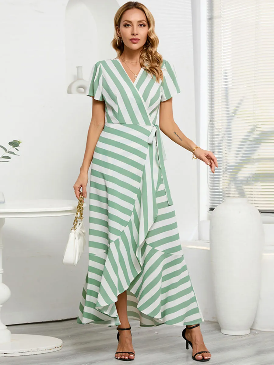 Stripe V Neck Split Skirt Short Sleeves Maxi Boho Dress