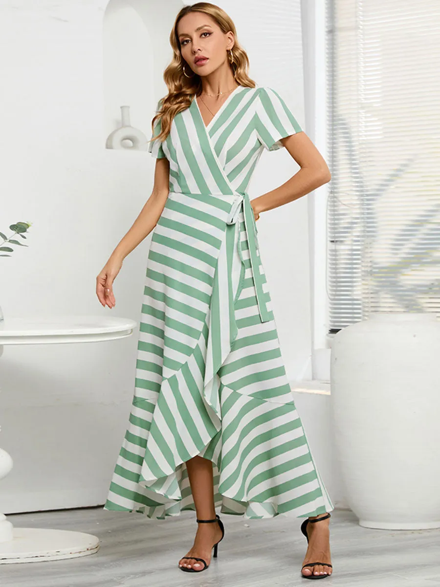 Stripe V Neck Split Skirt Short Sleeves Maxi Boho Dress