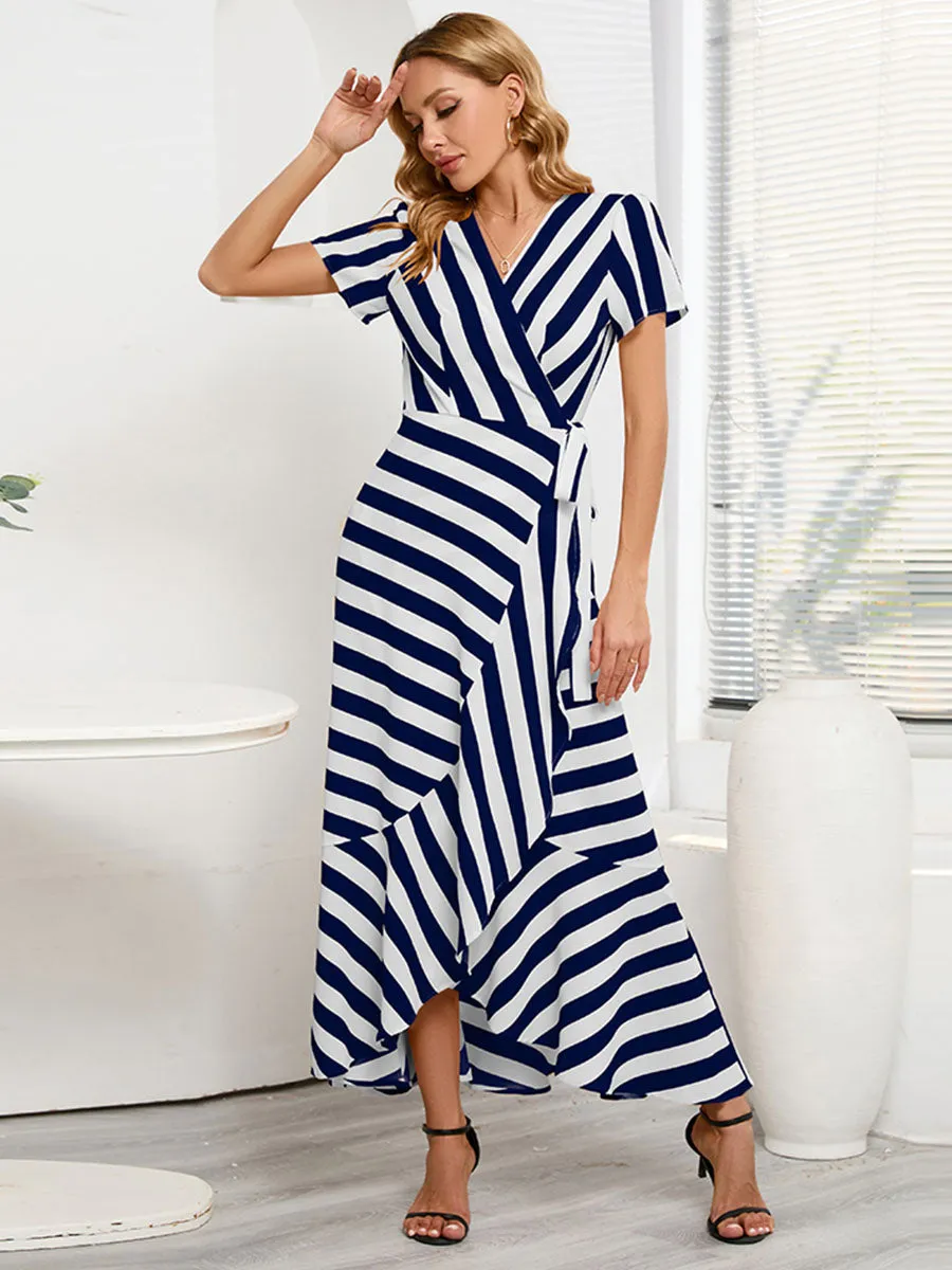 Stripe V Neck Split Skirt Short Sleeves Maxi Boho Dress