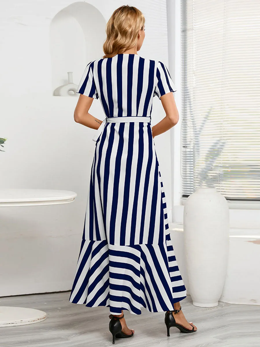 Stripe V Neck Split Skirt Short Sleeves Maxi Boho Dress