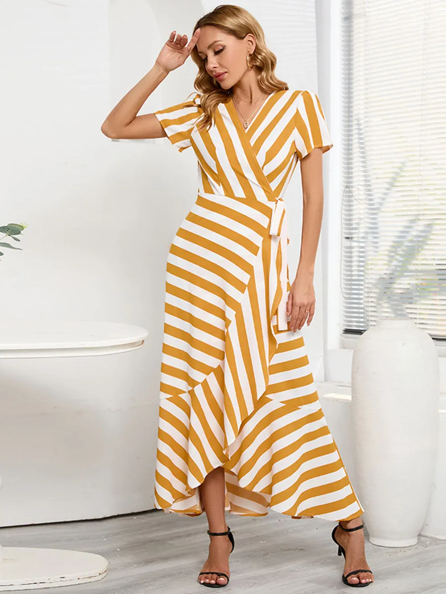 Stripe V Neck Split Skirt Short Sleeves Maxi Boho Dress