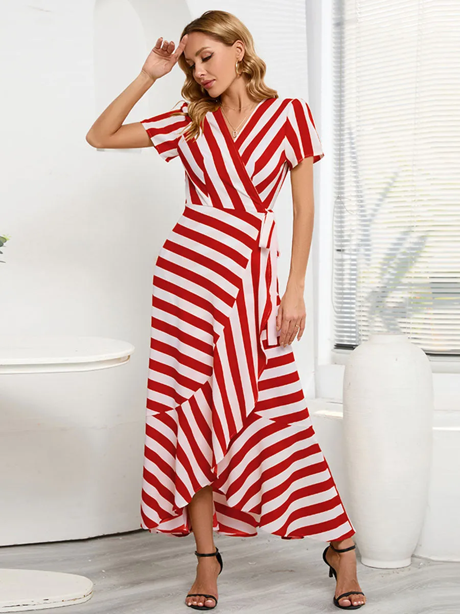 Stripe V Neck Split Skirt Short Sleeves Maxi Boho Dress