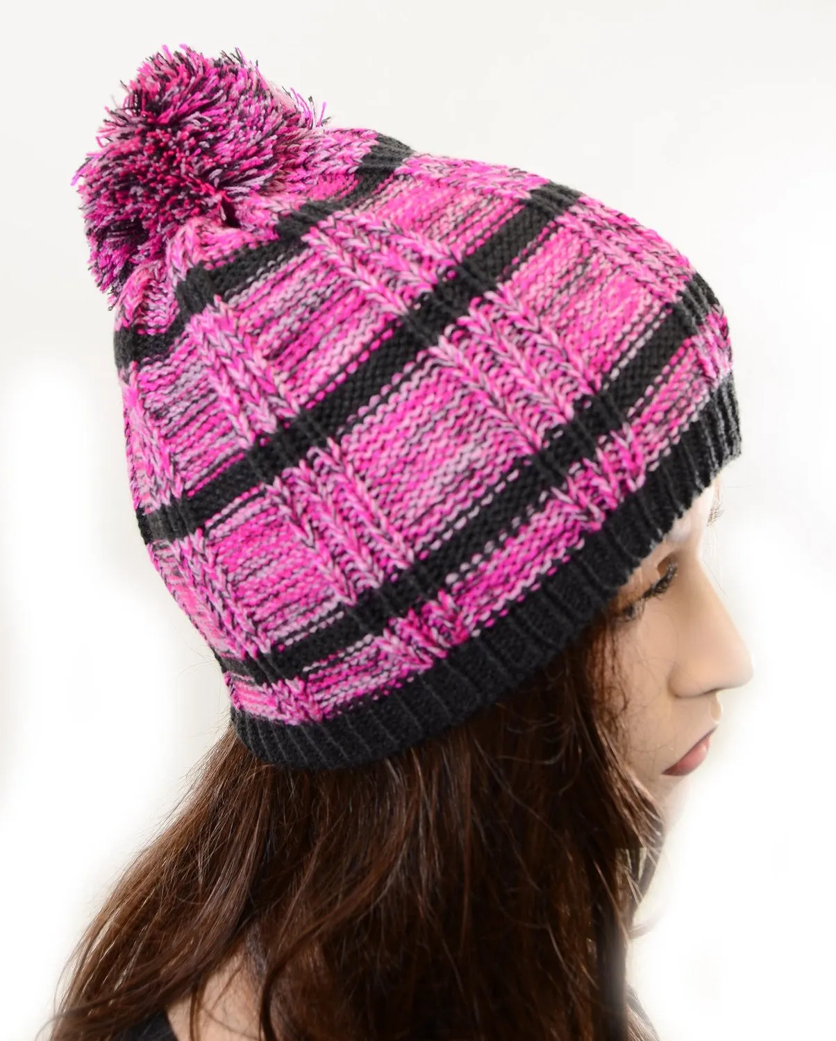 Striped Pink or Blue Design Fashion Unisex Pom Knit Winter Beanie