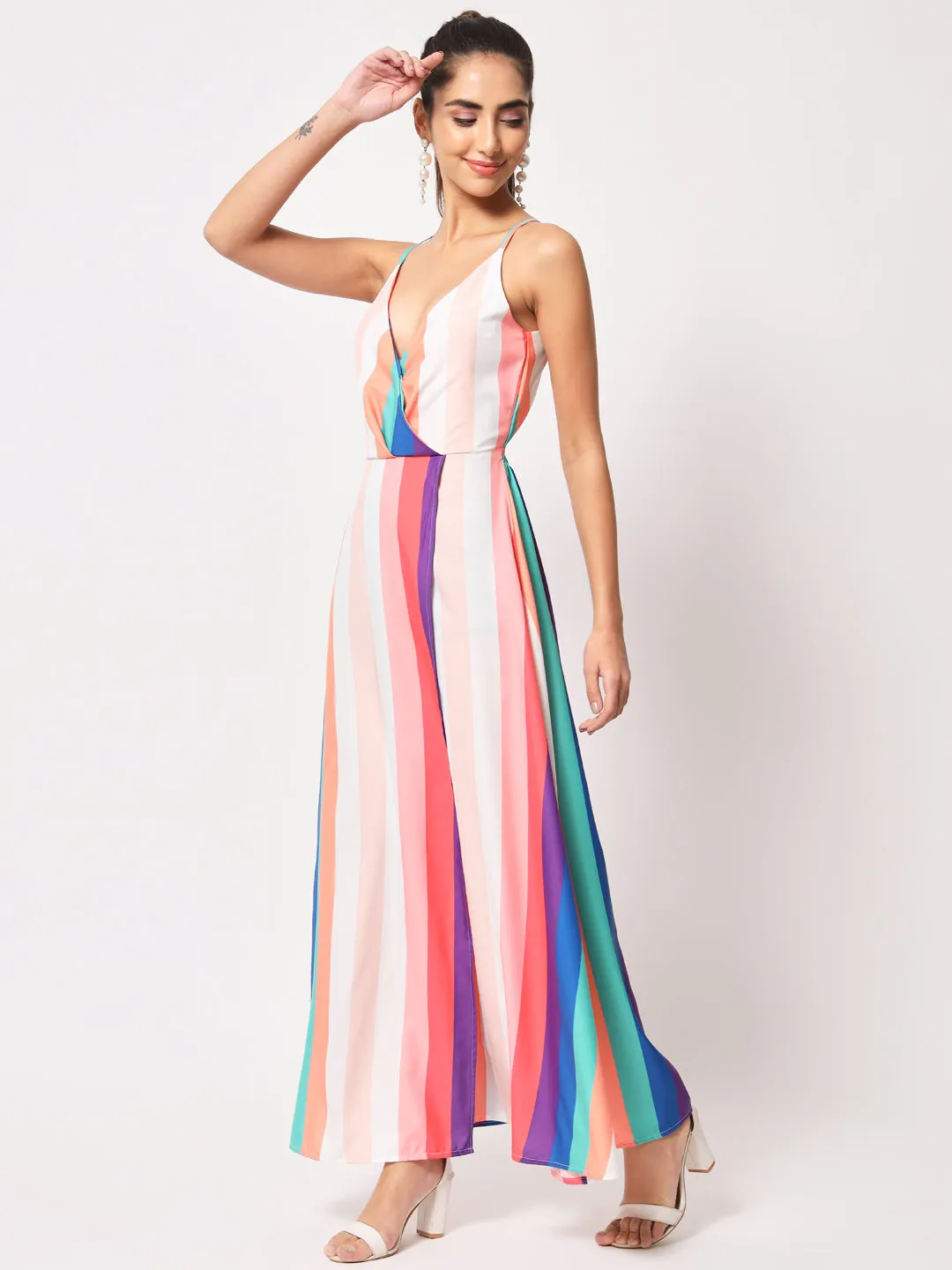 Striped Rainbow Sleeveless Maxi Dress