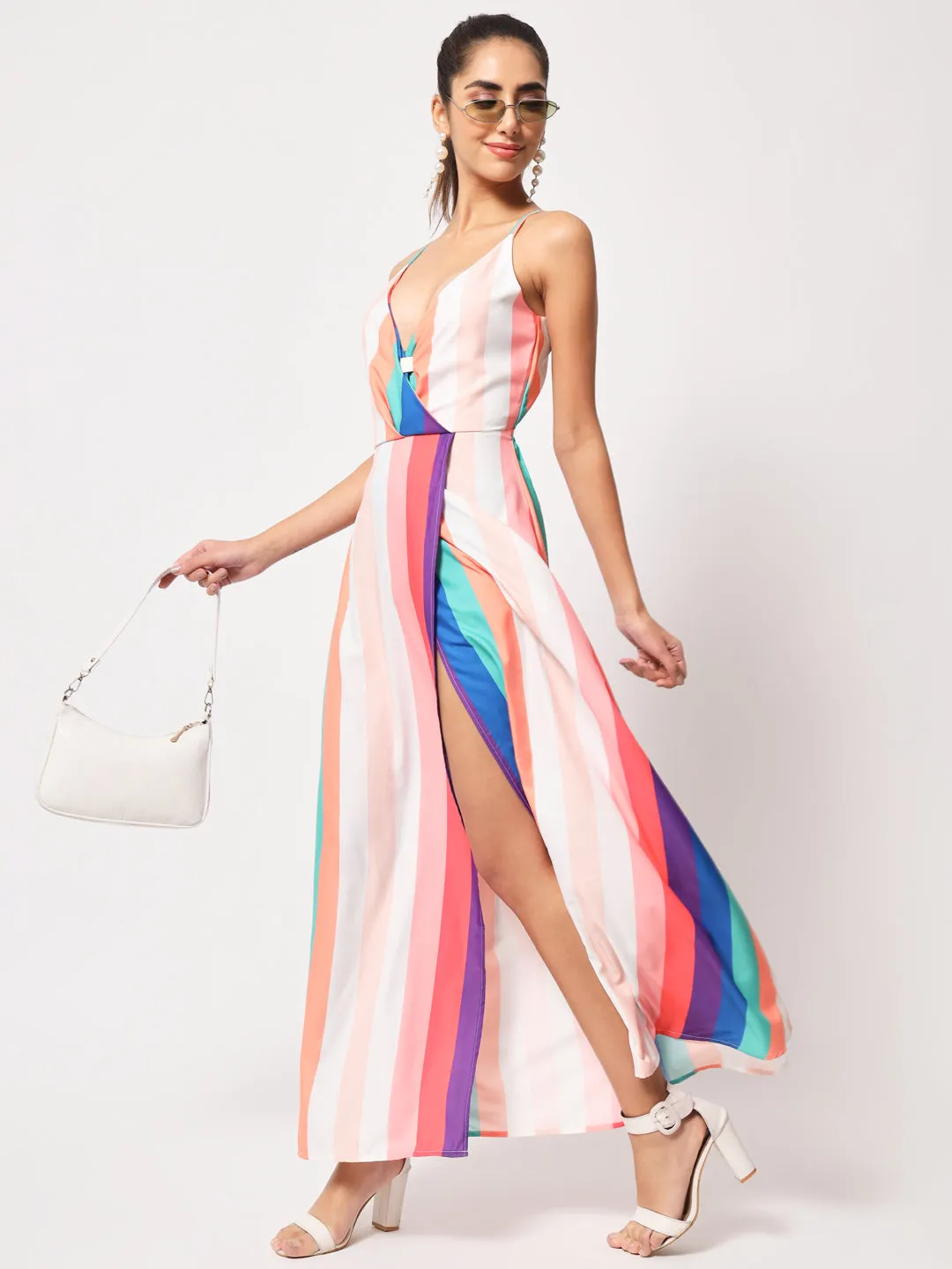 Striped Rainbow Sleeveless Maxi Dress