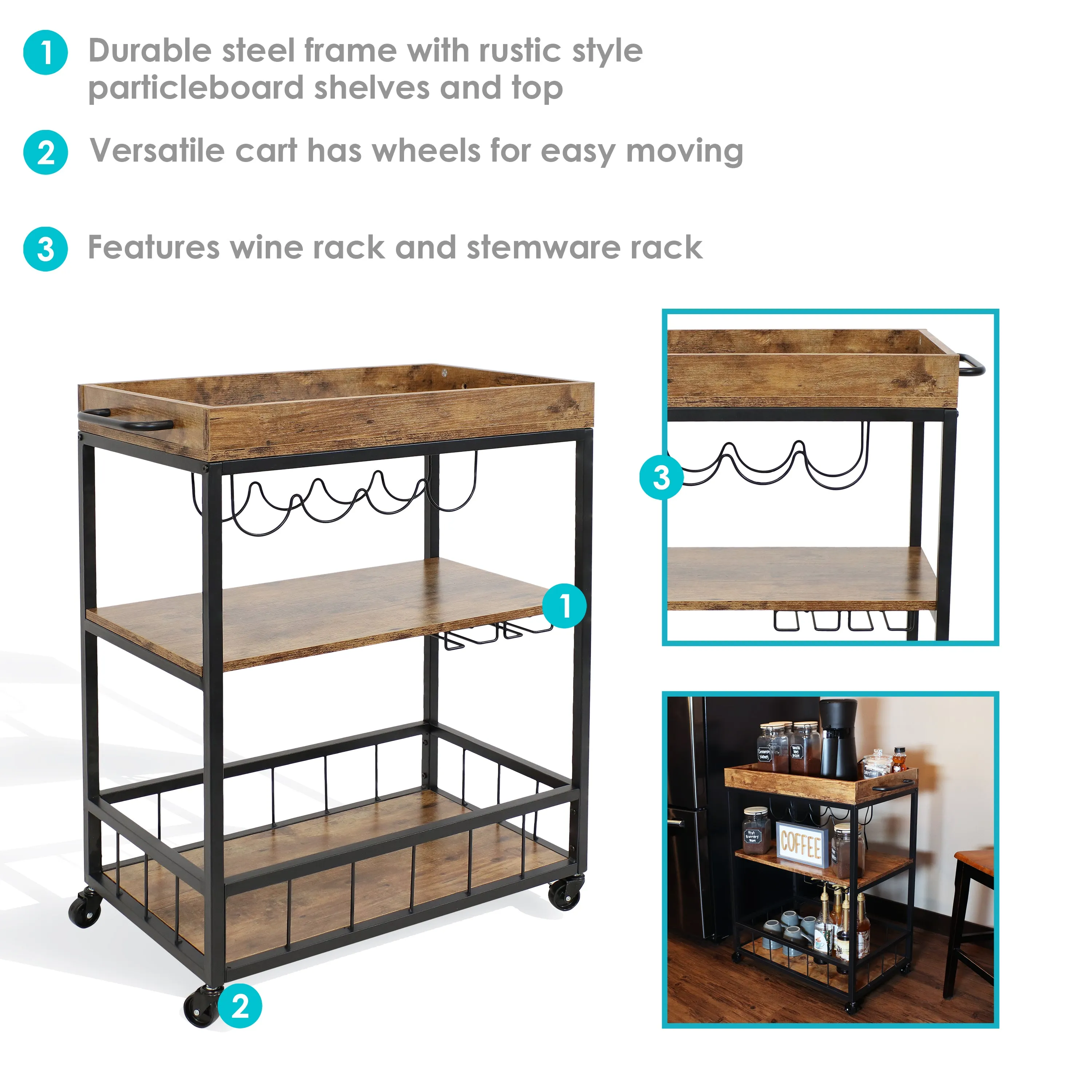 Sunnydaze Industrial Rolling Bar Cart for the Home - 35"