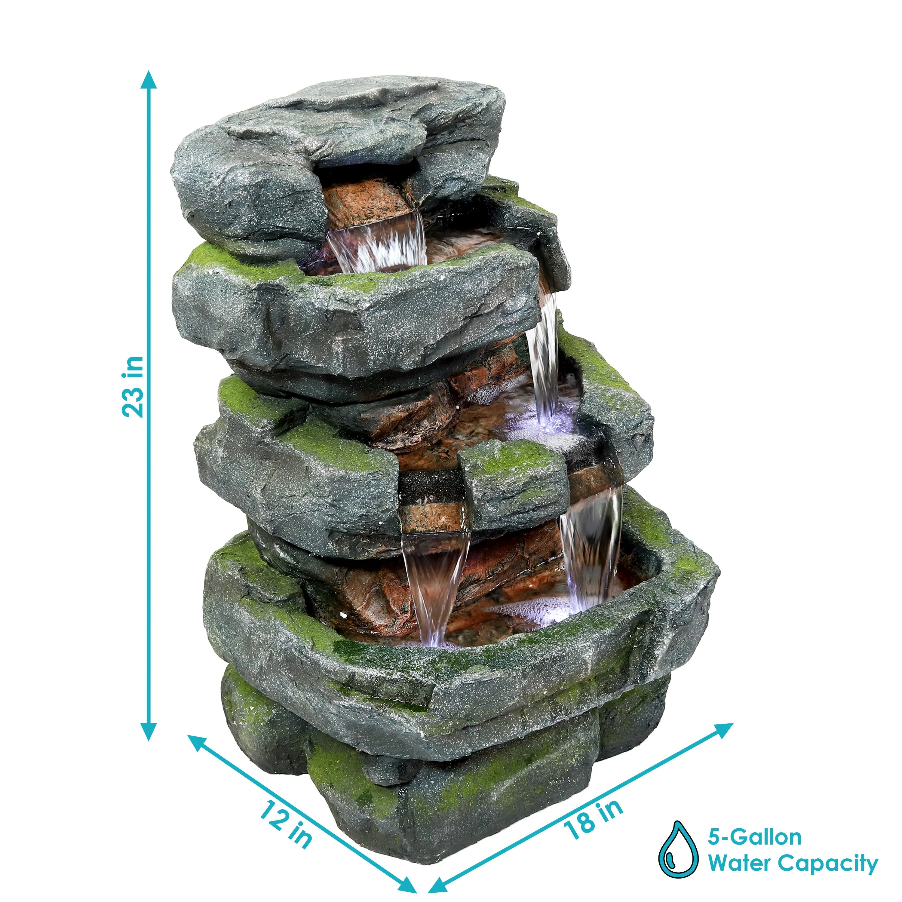 Sunnydaze Outdoor Electric Tiered Stone Waterfall with LED Lights - 23" H