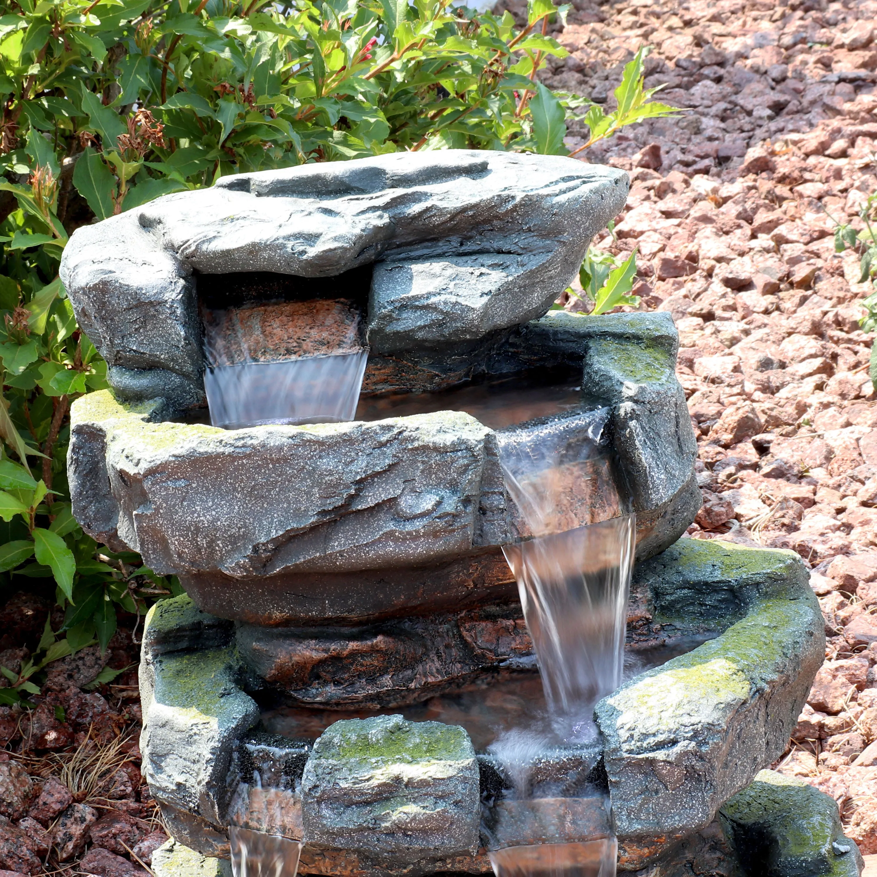 Sunnydaze Outdoor Electric Tiered Stone Waterfall with LED Lights - 23" H