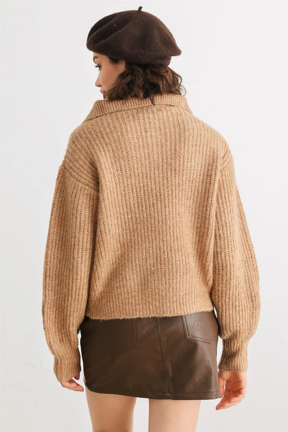 Taupe Wool Knit Button-Up Neck Crop Sweater Pullover /3-1