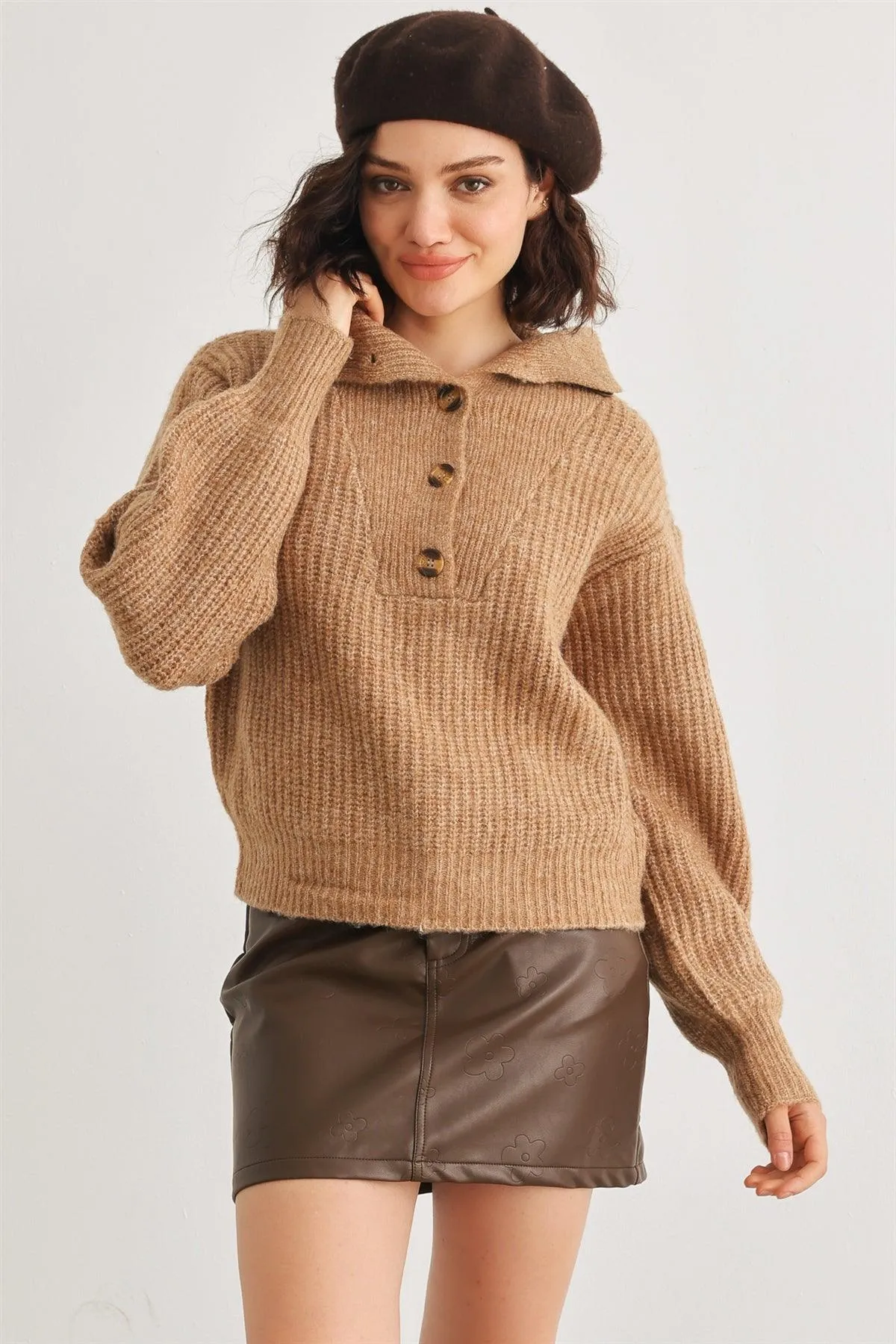 Taupe Wool Knit Button-Up Neck Crop Sweater Pullover /3-1