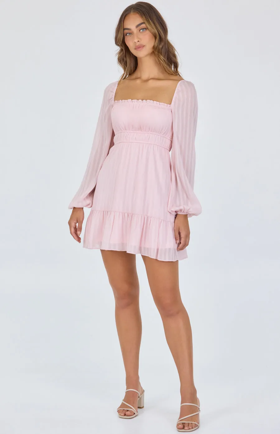 Textured Chiffon Ruche Waist Detail Dress