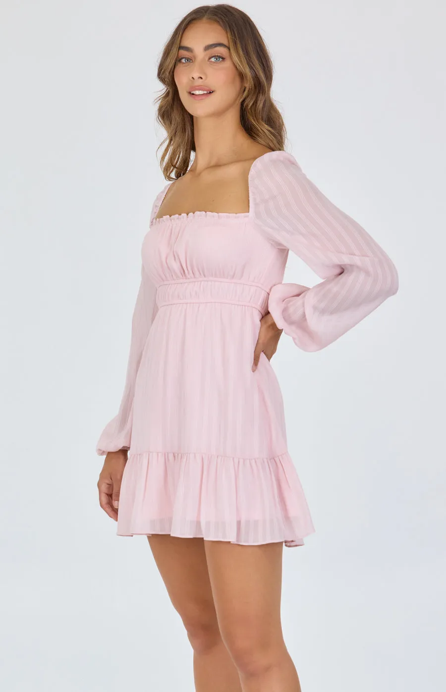 Textured Chiffon Ruche Waist Detail Dress