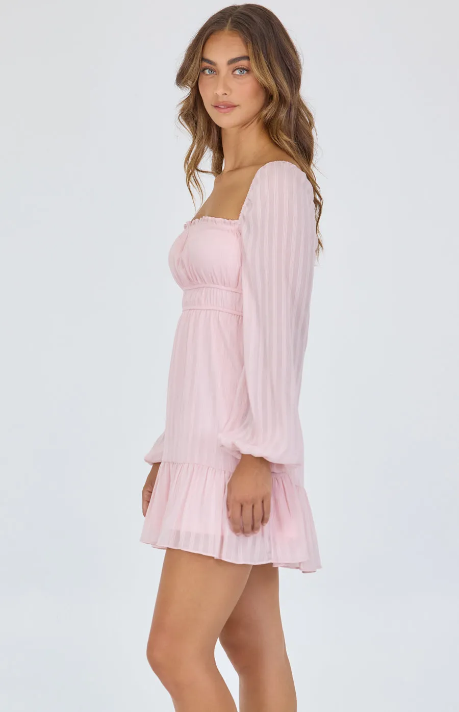 Textured Chiffon Ruche Waist Detail Dress