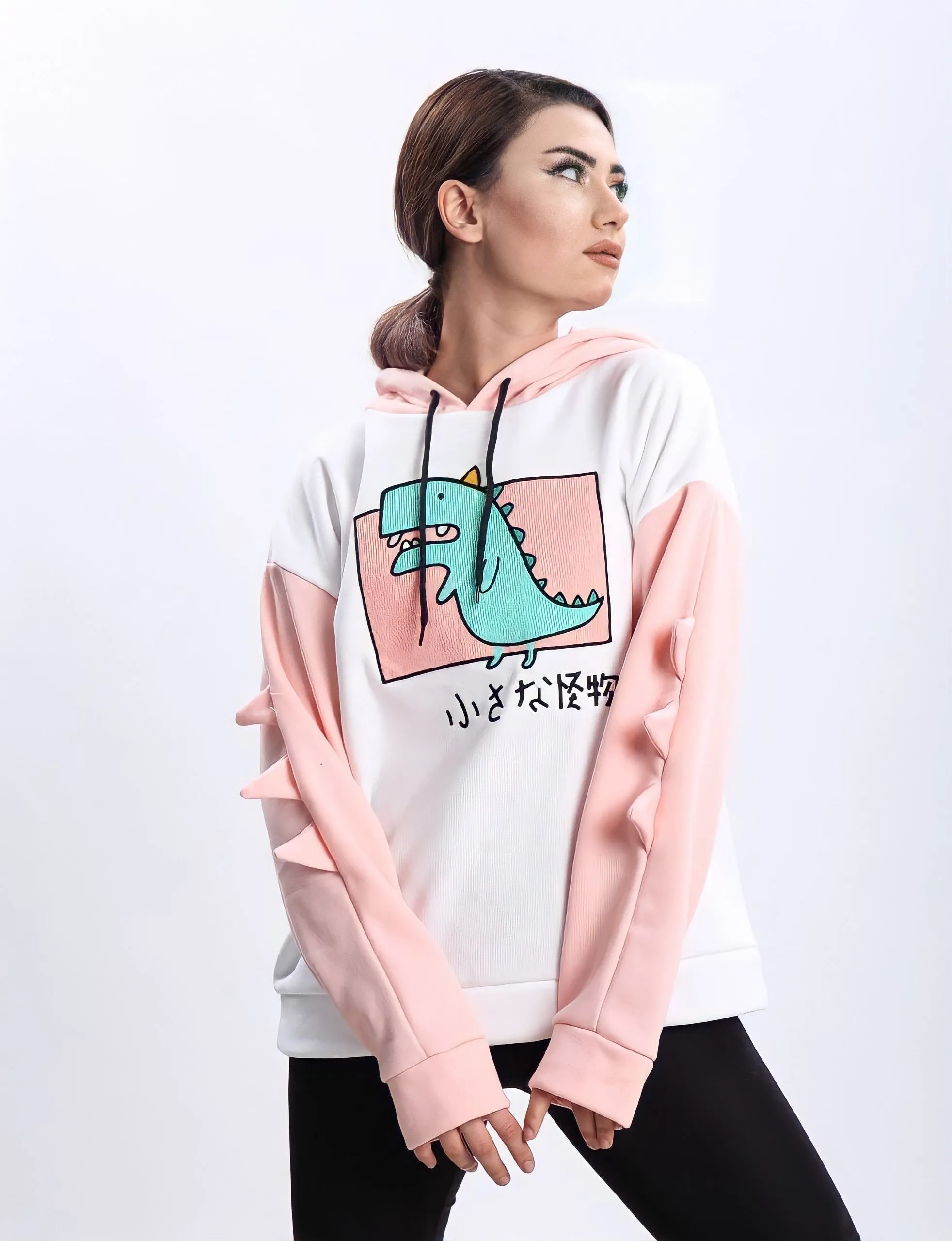 Turkish Dinosaur Cartoon Hoodie Women Fashion Sweatshirt - Pink