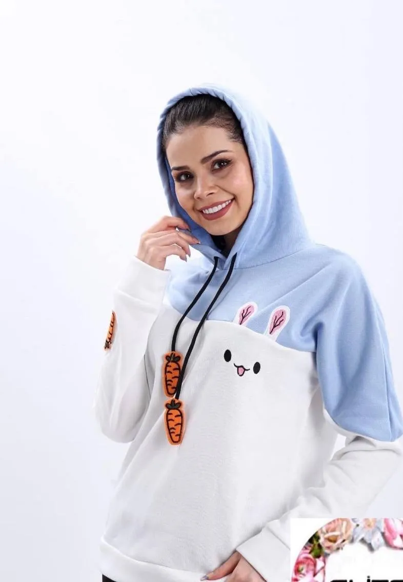 Turkish Funny Bunny Hoodie Women Fashion Sweatshirt - Blue